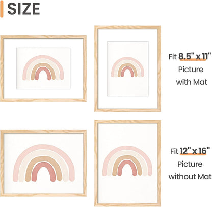 Upsimples 12x16 Picture Frame Set of 5 - Display 8.5x11 Photos with Mat or 12x16 Without | Natural Wood Finish