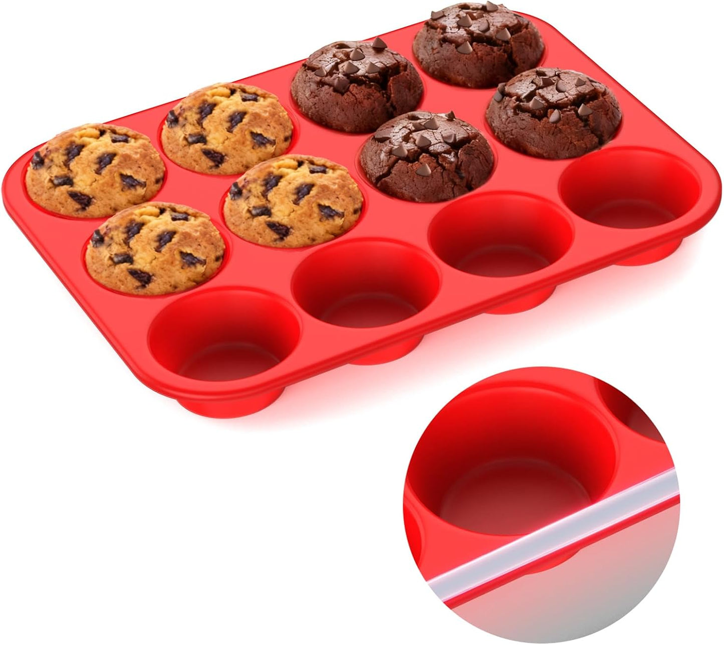 Skiennix Silicone Muffin Pan - 12-Cup Baking Tray with Metal Reinforced Frame | BPA-Free, Dishwasher Safe, Red