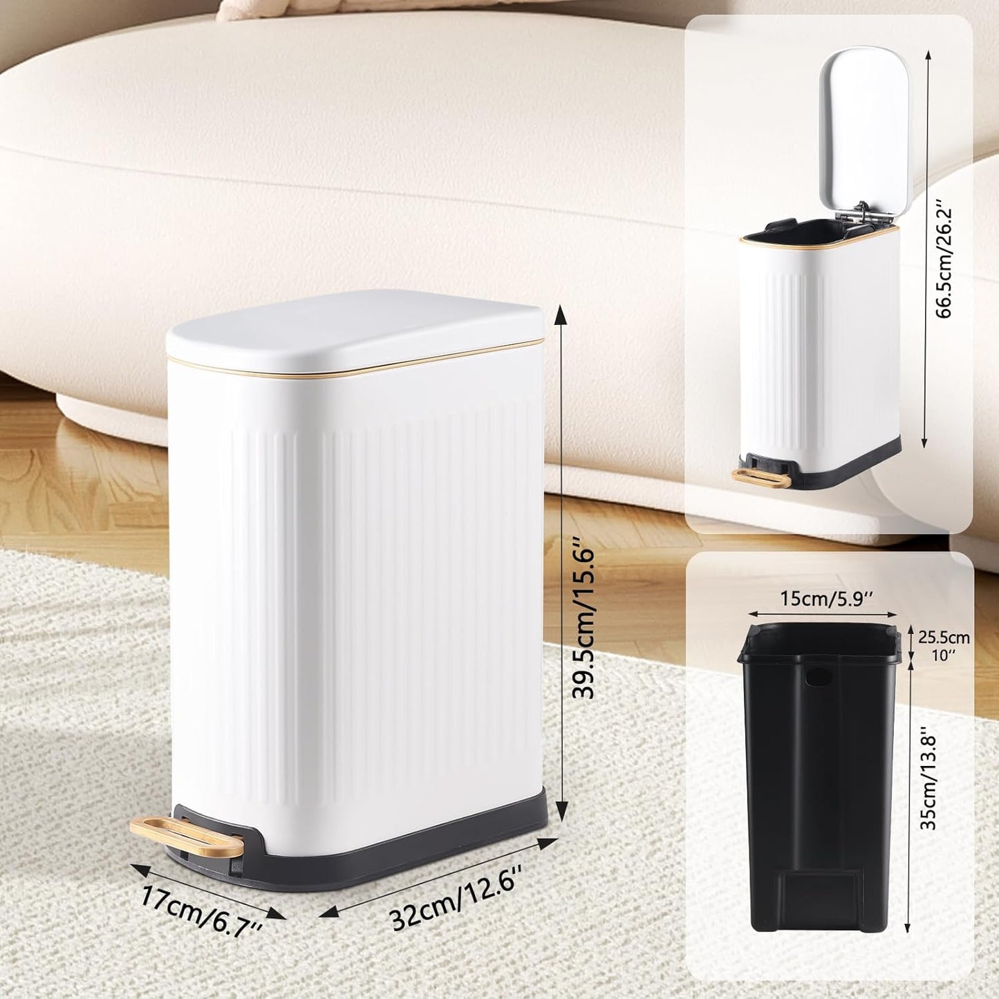 SYNCVIBE Slim Bathroom Trash Can - Soft Close Lid & Removable Inner Bucket | Matt White, 3.5 Gallons