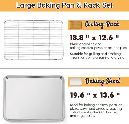 E-far Large Baking Sheet Set - 20”x14” Stainless Steel Cookie Pan with Cooling Rack - Dishwasher Safe
