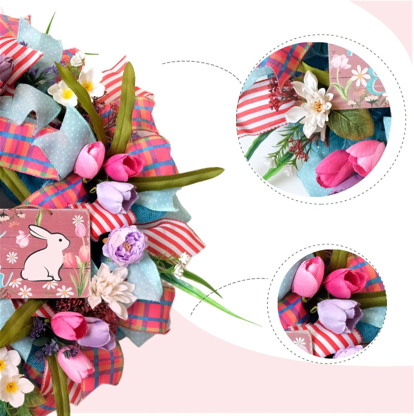 Spring Easter Bunny Wreath - 22 Inch Floral Design with Pink Tulips for Front Door Decor