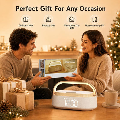 Wood Variation 6-in-1 Alarm Clock with Bluetooth Speaker, Wireless Charger, FM Radio, Night Light