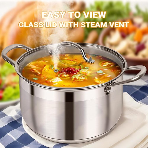 Kirecoo Stainless Steel Stock Pot - 8 Quart Heavy-Duty Induction Cookware with Visible Lid | Nonstick Design for Pasta, Soup, and Canning