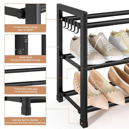 VGOBLO Expandable Shoe Rack - 18.5''- 47'' Adjustable Shoe Rack for Closet, 3 Tier Long Shoe Shelf Storage for 18 Pairs Shoe and Boot, Sturdy Metal Shoe Organizer for Entryway, Garage, Black