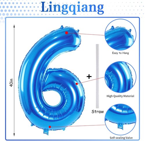 Large Blue Number 6 Balloons by [Brand Name] - Self-Inflating Foil Helium Balloons for 6th Birthday & Anniversaries
