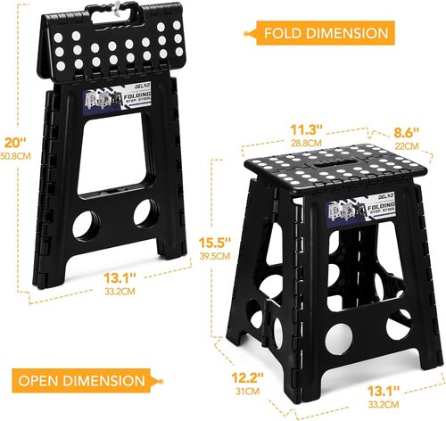 Delxo 16-Inch Folding Step Stool - Portable, Non-Slip Design with Safety Lock | Supports Up to 400LBS (Black)