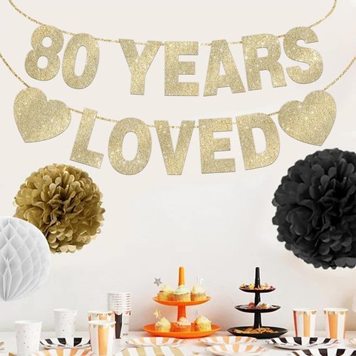 80 Years Loved Banner - Gold Glitter 80th Birthday Decorations for Men & Women | Pre-Strung Party Decor