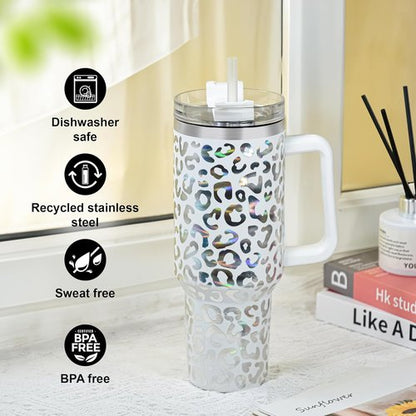 40 oz Stainless Steel Tumbler by [Brand Name] - Leak-Proof Travel Mug with Handle & Straw | Cheetah Design