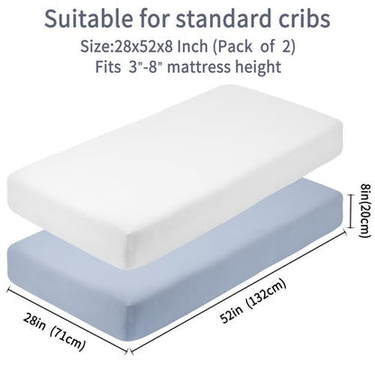 GUNTAIL Crib Sheets for Boys Girls,100% Cotton Fitted Crib Sheet 2 Pack for Standard Crib and Toddler Mattress, Super Soft Breathable Baby Sheet 28x52x8in (White & Gray)