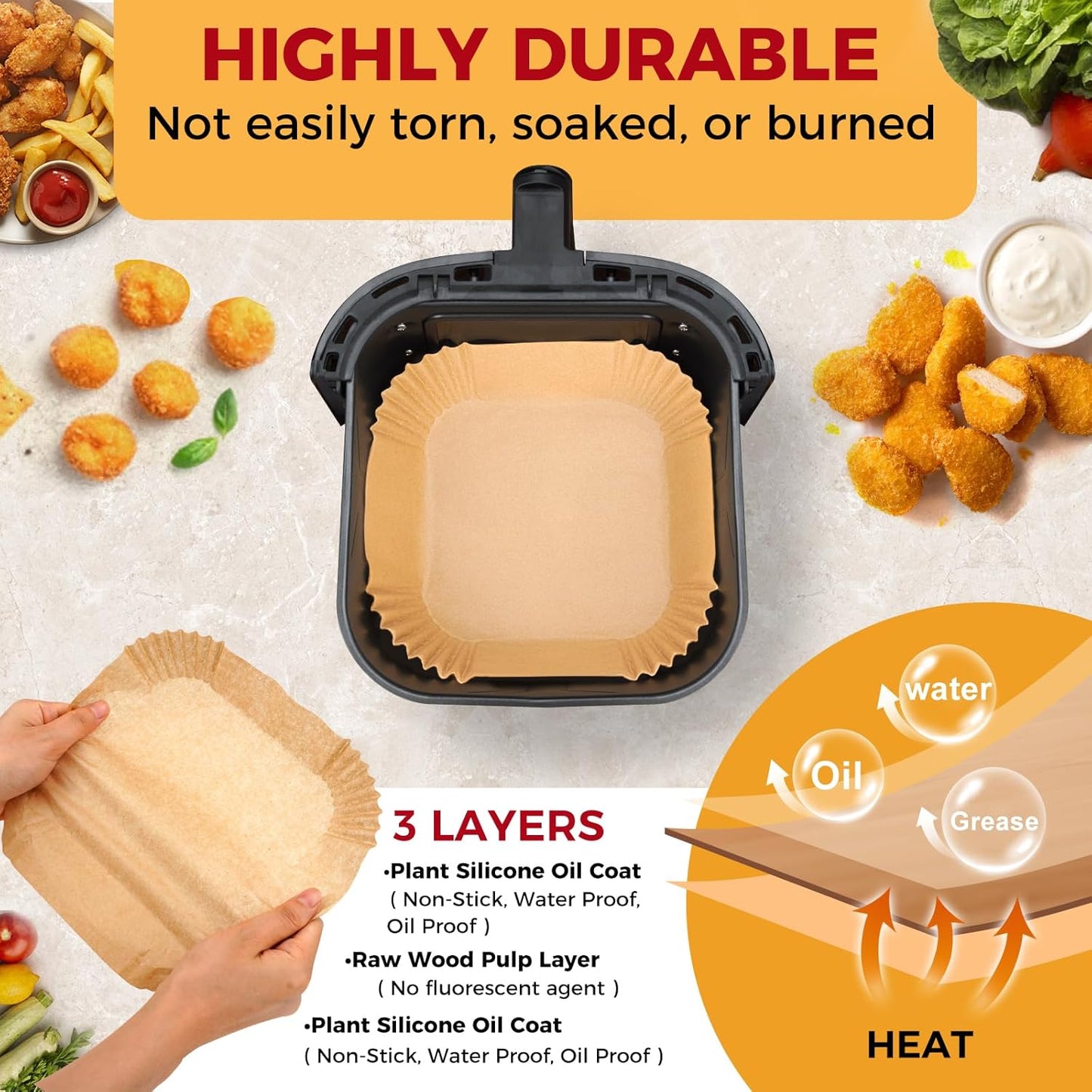 Air Fryer Liners - 100 Pcs Non-Stick Oilproof Parchment Paper for 1-3 QT Air Fryers | 4.7-Inch Square