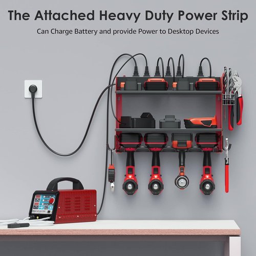 CCCEI Modular Power Tool Organizer - Wall Mount Charging Station with Heavy-Duty Rack & Hooks - Red