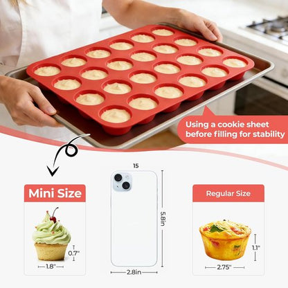 CAKETIME Silicone Muffin Pan - Mini 24-Cup Nonstick Baking Mold for Perfect Cupcakes | Food Grade Silicone