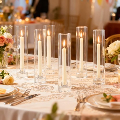 Hurricane | Taper Candle Holders - Set of 6 Clear Glass Candlesticks, 11.8" Tall for Weddings & Events