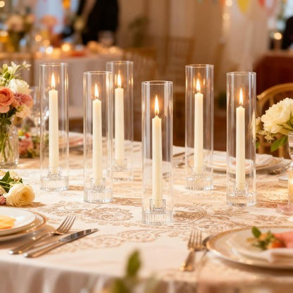 Hurricane | Taper Candle Holders - Set of 6 Clear Glass Candlesticks, 11.8" Tall for Weddings & Events