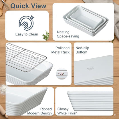 ONEMORE Baking Dishes Set - Large 9x13 Rectangular Ceramic Casserole Dishes with Roasting Racks | 3QT, 2.1QT, 1.3QT