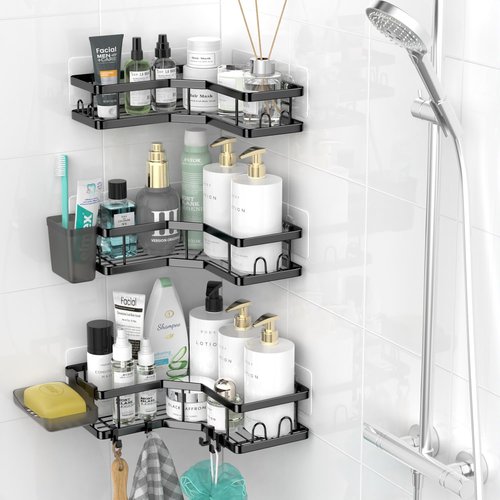 AKTECKE Corner Shower Caddy - Stainless Steel Adhesive Bathroom Organizer | 3-Pack Rustproof Rack