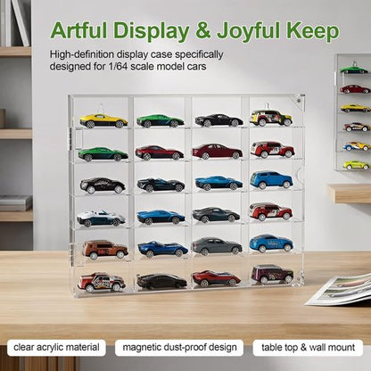 JUESHA Acrylic Display Case - Hot Wheels Storage for 1/64 Scale Cars | 6 Levels, 24 Slots, Clear Organizer