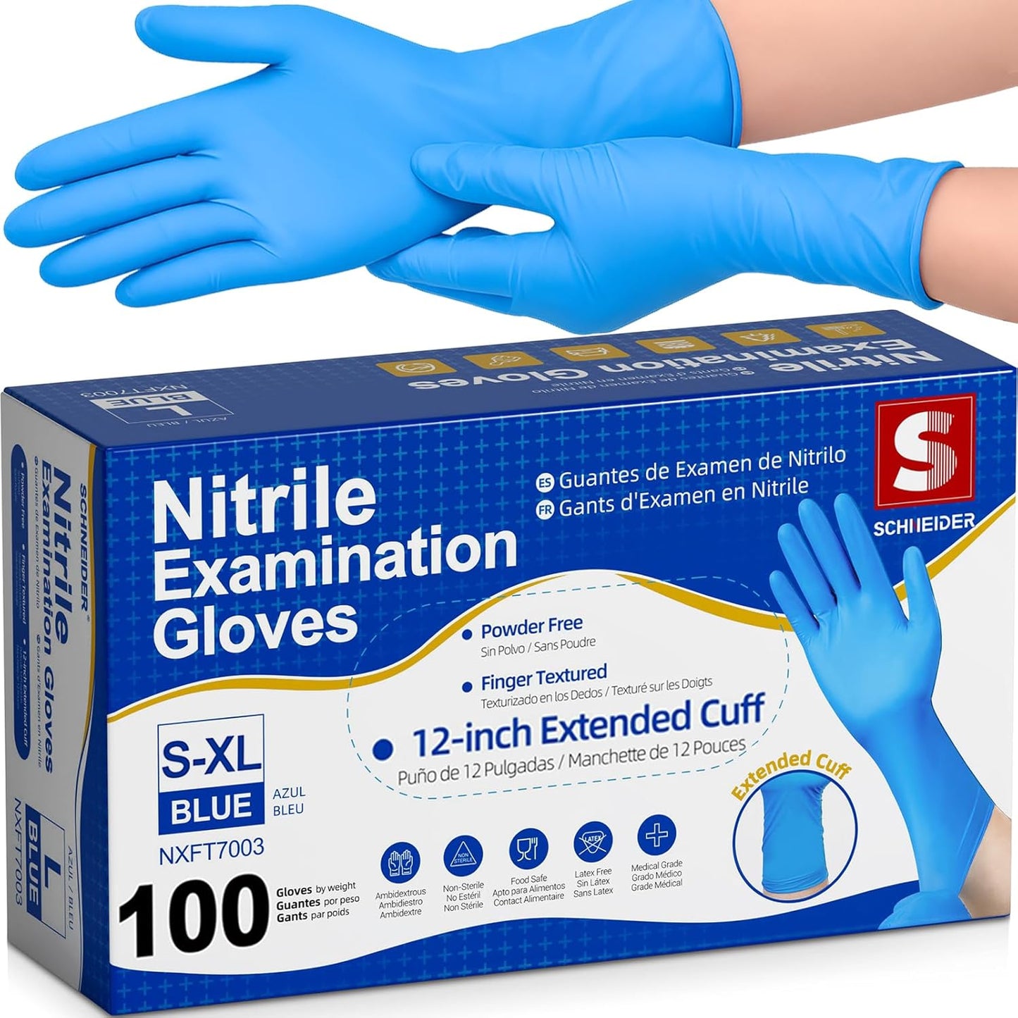 Schneider Nitrile Exam Gloves - Extended 12 Inch Cuff, Medium, 4 Mil, 100-Count | Latex-Free & Powder-Free