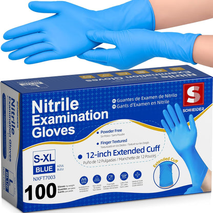 Schneider Nitrile Exam Gloves - Extended 12 Inch Cuff, Medium, 4 Mil, 100-Count | Latex-Free & Powder-Free