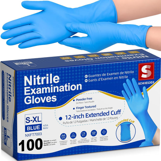 Schneider Nitrile Exam Gloves - Extended 12 Inch Cuff, Medium, 4 Mil, 100-Count | Latex-Free & Powder-Free