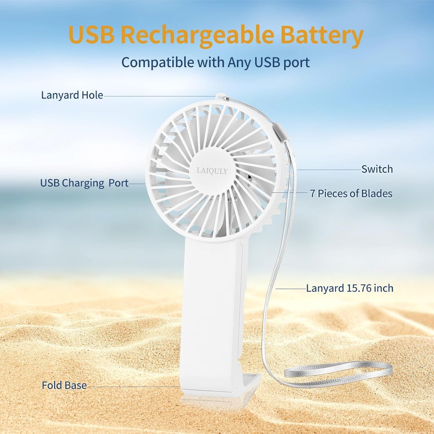 Skiennix Handheld Fan - Portable 3-Speed USB Rechargeable Mini Fan for Home & Travel - White