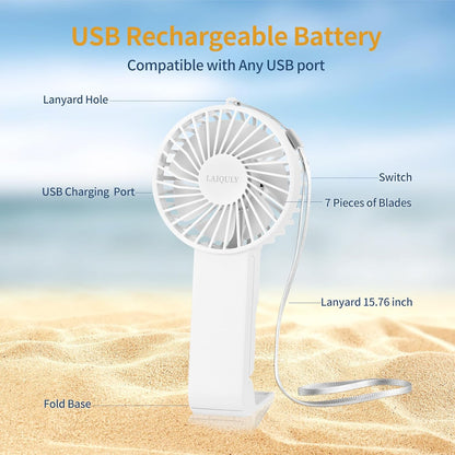 Skiennix Handheld Fan - Portable 3-Speed USB Rechargeable Mini Fan for Home & Travel - White