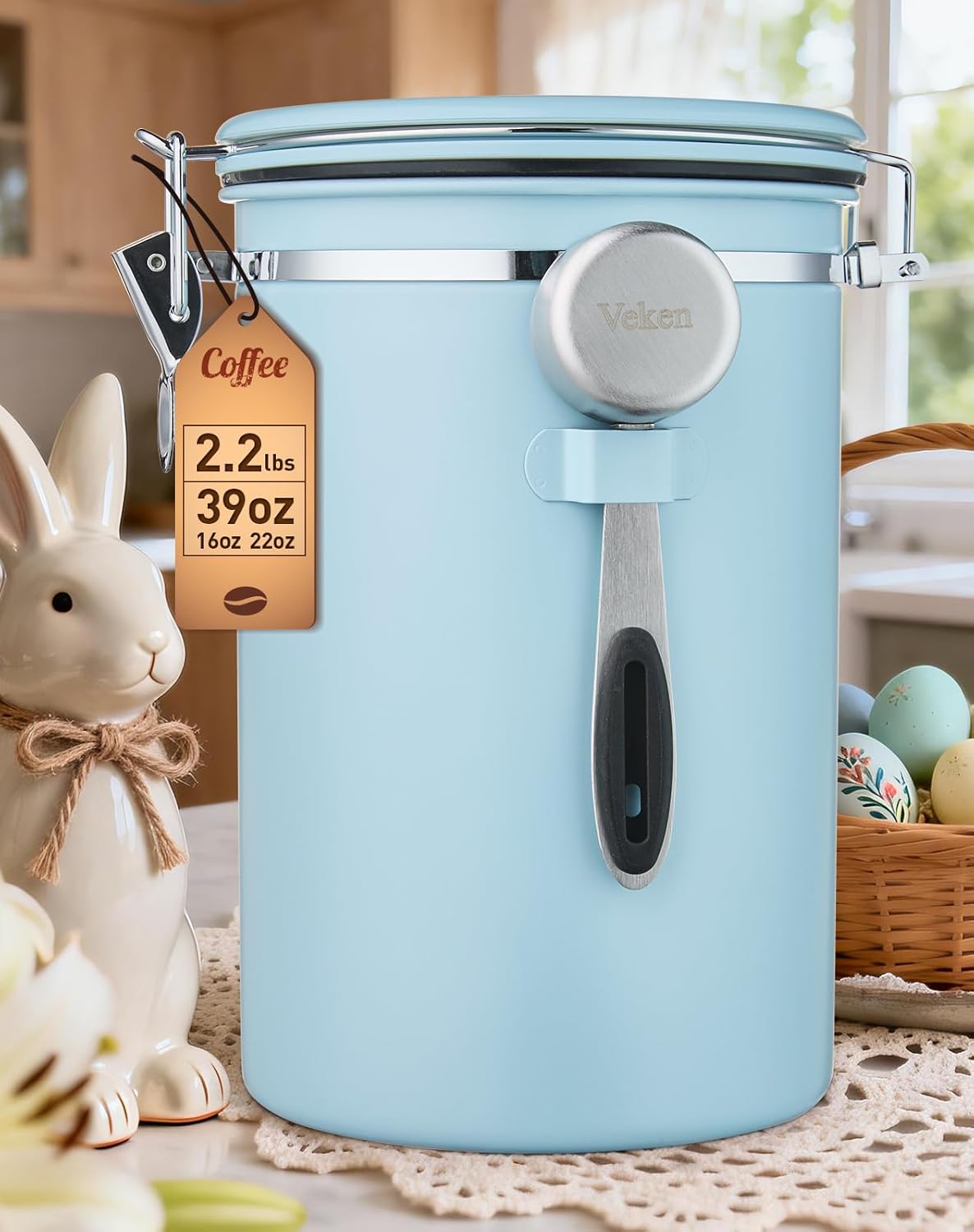 Veken Coffee Canister - 39oz Airtight Stainless Steel Storage for 2.2lbs Coffee, Tea & Sugar | Blue