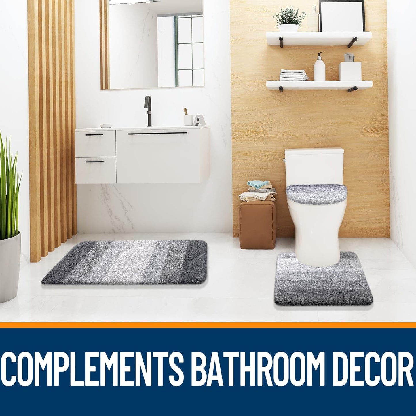 OLANLY Ombre Bath Rug Set - Soft Grey Bath Rug (30x20) & Toilet Lid Cover (17.5x15)