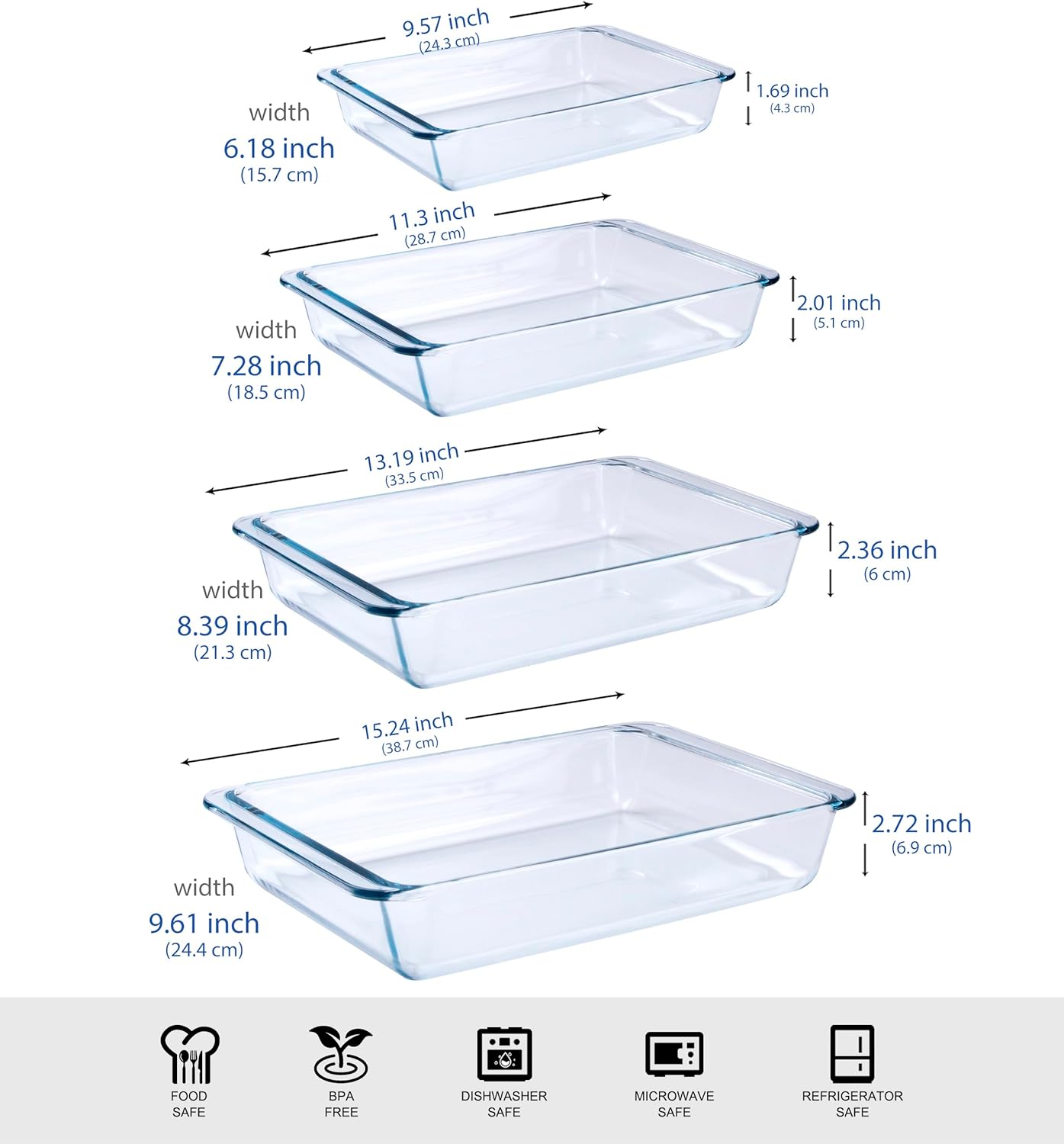 Tempered Glass Baking Pan Set by Basic | 4-Piece Oven & Microwave Safe Dish Set - 1L, 1.7L, 2.8L, 4.2L
