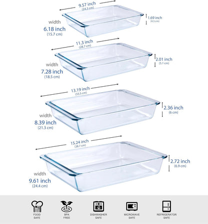 Tempered Glass Baking Pan Set by Basic | 4-Piece Oven & Microwave Safe Dish Set - 1L, 1.7L, 2.8L, 4.2L