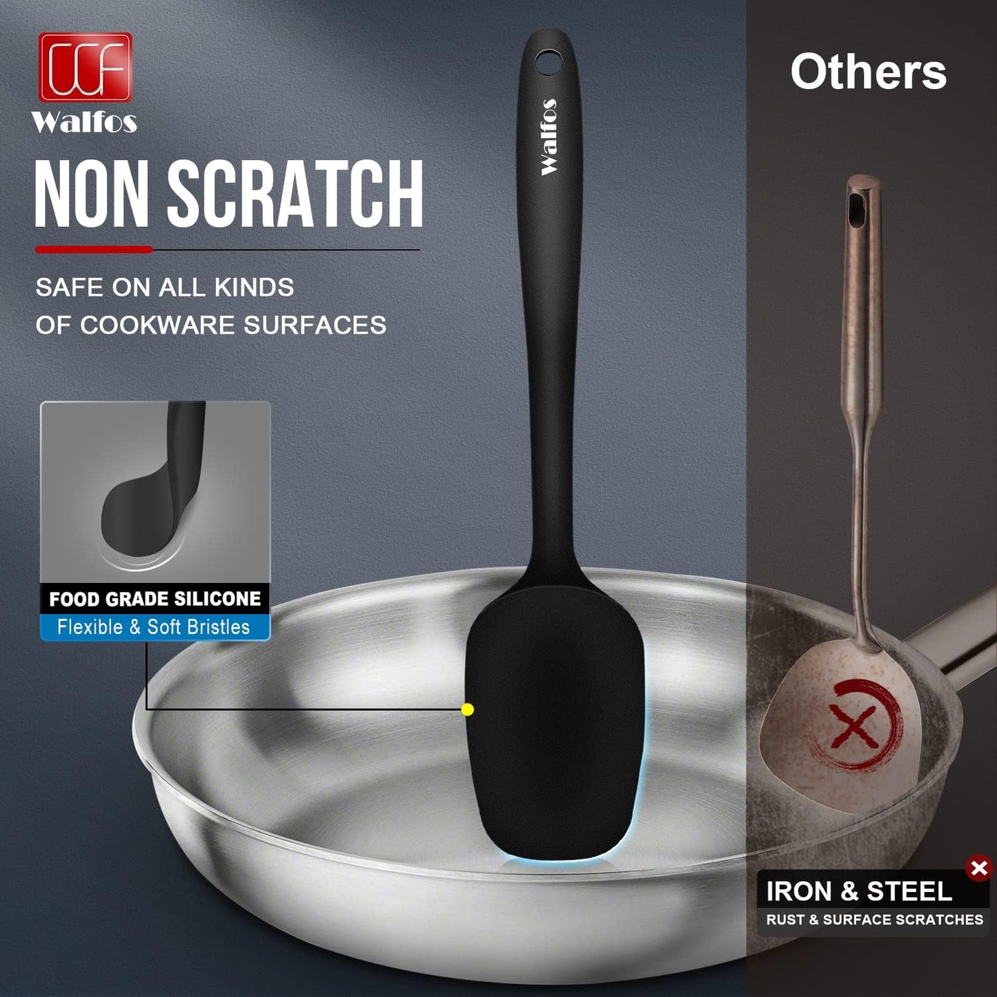 Walfos Silicone Spatula Set of 5 - High Heat Resistant (600°F) Kitchen Scrapers | BPA Free, Dishwasher Safe, Black