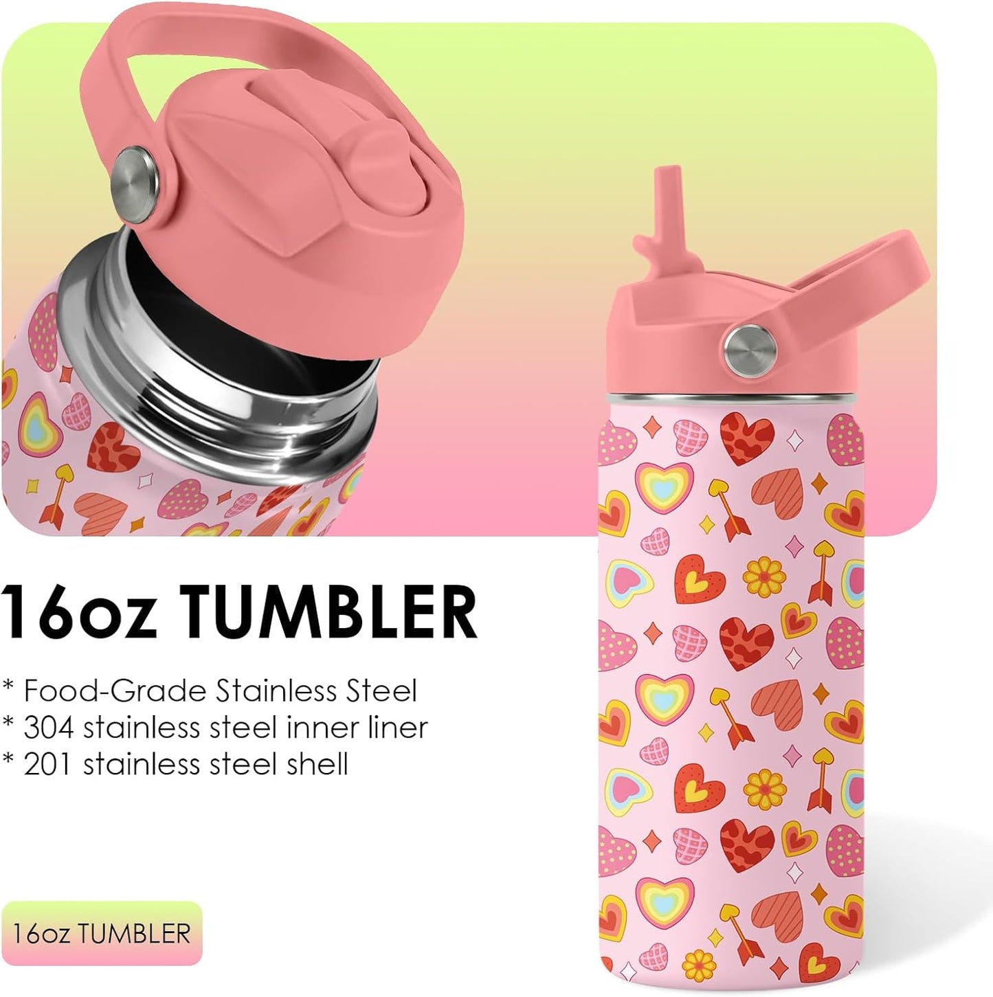 Skiennix Heart Pattern Kids Water Bottle - 16 Oz Stainless Steel Insulated Tumbler, Leak Proof, BPA-Free, Ideal for School & Travel