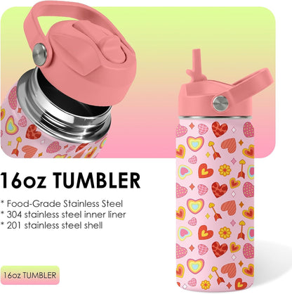 Skiennix Heart Pattern Kids Water Bottle - 16 Oz Stainless Steel Insulated Tumbler, Leak Proof, BPA-Free, Ideal for School & Travel