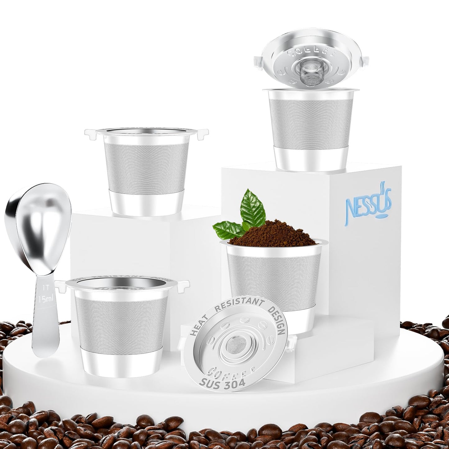 NESSUS reuse kcups for Keurig 1.0, Stainless steel reusable k cup, Metal k cups for keurig, refillable pod with Heat Resistant Handles and Coffee Scoop, NO BPA, 4 Pack