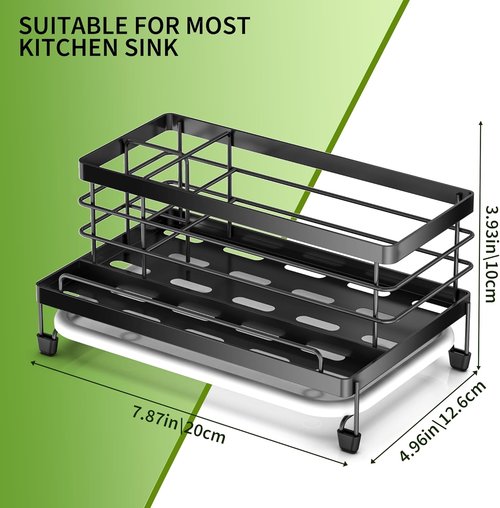 Cisily Large Black Kitchen Sponge Holder - Rustproof Sink Caddy with Drip Tray & Non-Slip Design