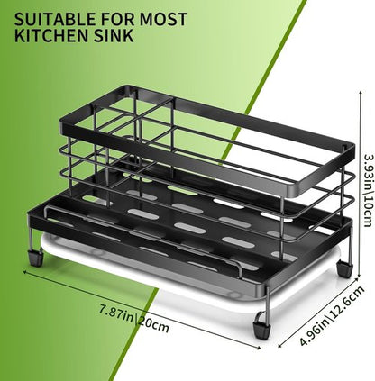 Cisily Large Black Kitchen Sponge Holder - Rustproof Sink Caddy with Drip Tray & Non-Slip Design