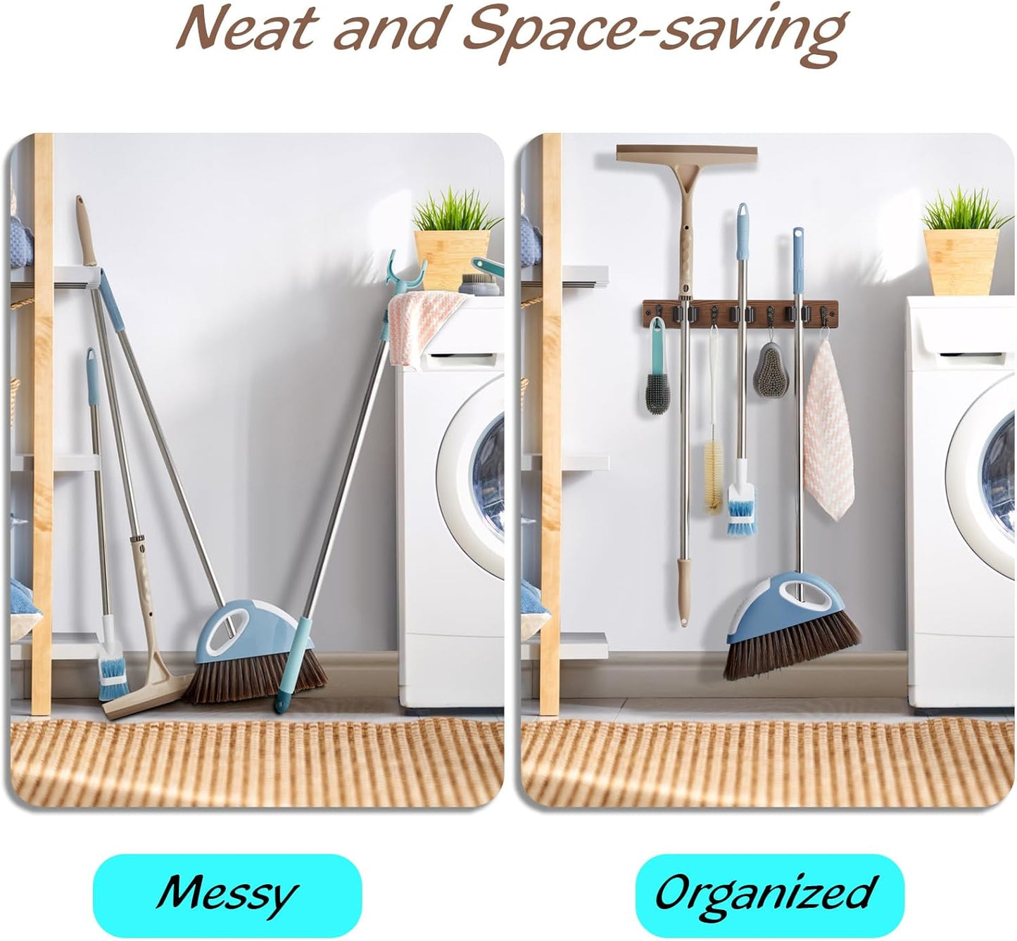 OUTNILI Mop Broom Holder Wall Mount - 3 Slots & 4 Hooks for Kitchen Organization | Rustic Farmhouse Decor