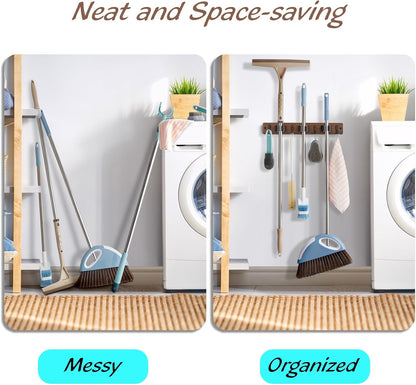 OUTNILI Mop Broom Holder Wall Mount - 3 Slots & 4 Hooks for Kitchen Organization | Rustic Farmhouse Decor