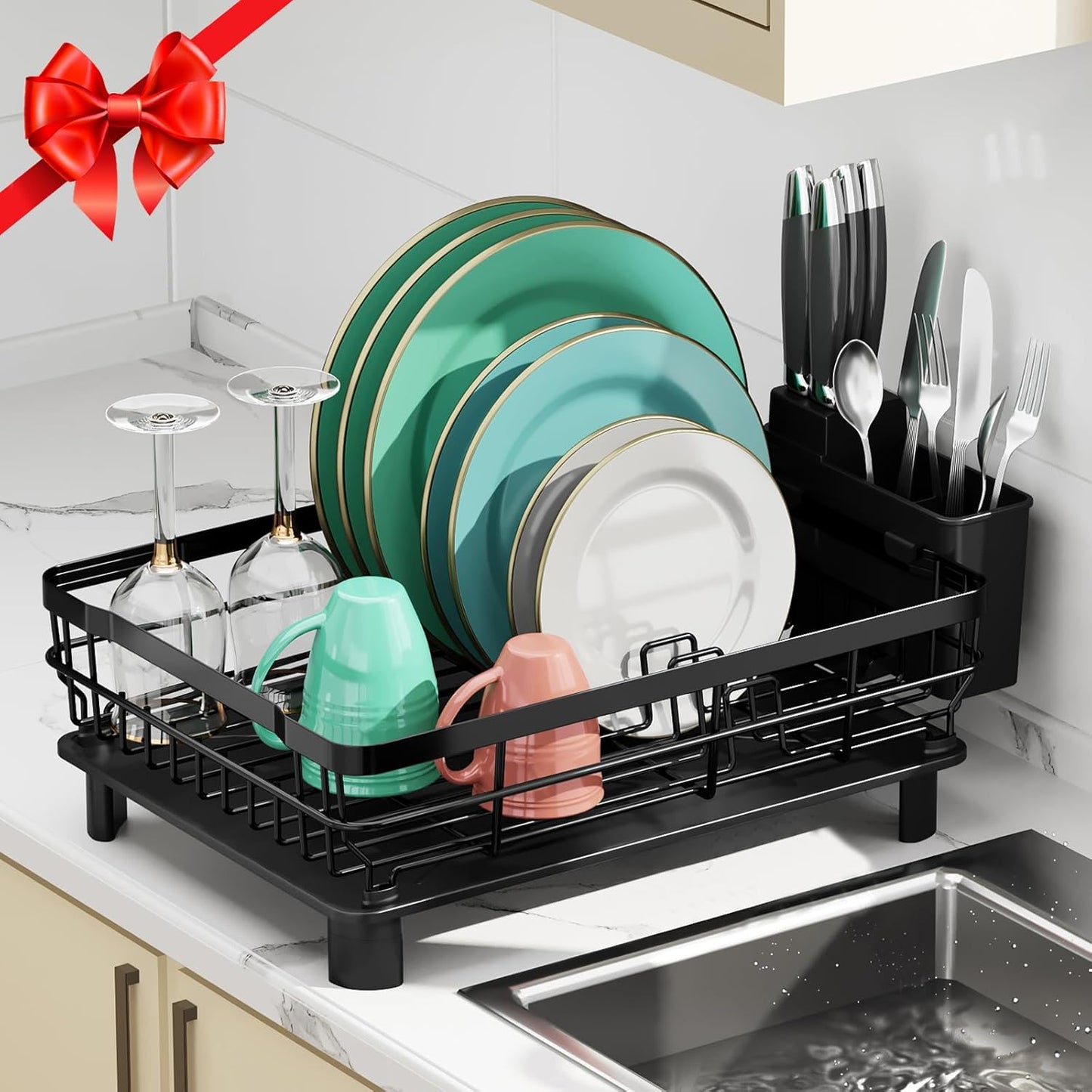 MOUKABAL Stainless Steel Dish Drying Rack - Removable Utensil Holder & Drainboard | Black, 13"W x 17"L