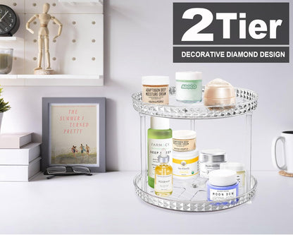 Skiennix 2-Tier Diamond Lazy Susan Bathroom Organizer - Clear 360° Rotating Makeup & Skincare Storage | 9.25 Inch
