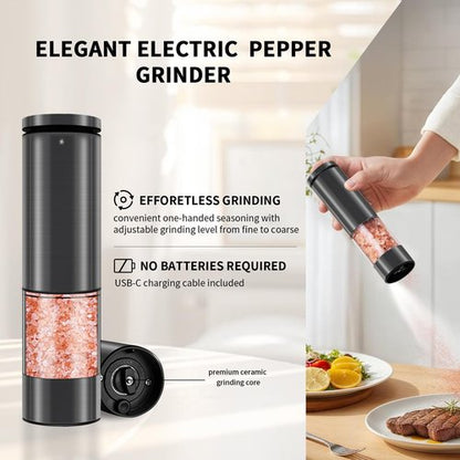Electric Salt and Pepper Grinder Set Stainless Steel Salt and Pepper Mill Led Light Automatic One Handed Operation Rechargeable Adjustable Shakers Ceramic Rator 2 Pack Black Stainless Steel