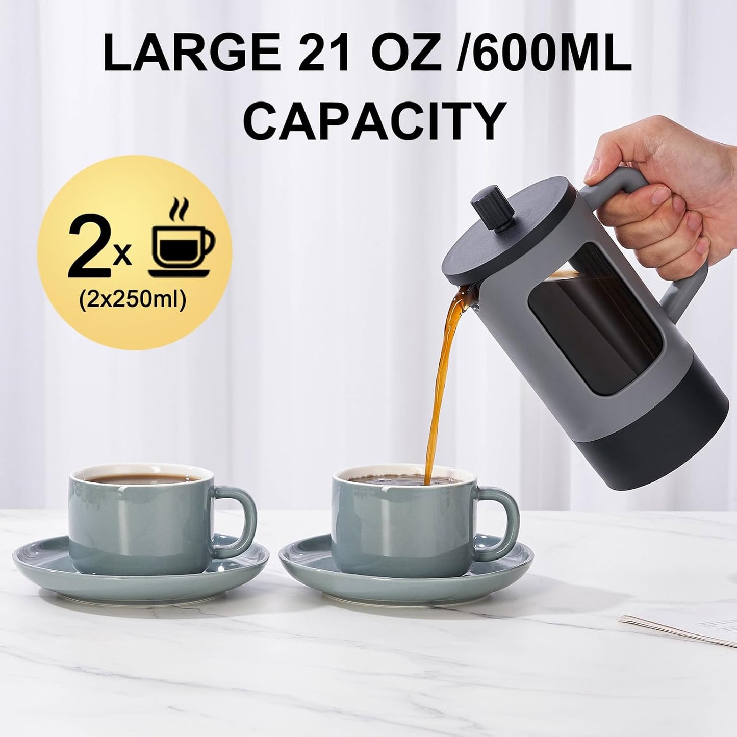 YOLIFE French Press Coffee Maker - 21 oz Heat-Resistant Borosilicate Glass | Portable Grey & Black Design