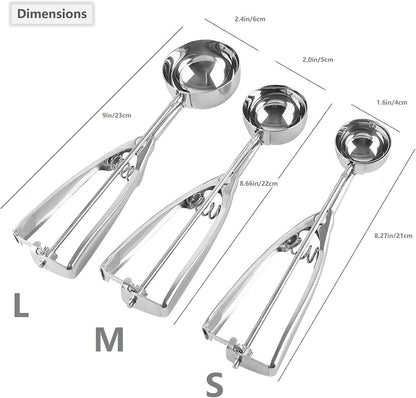 Skiennix Ice Cream Scoop Set - 3Pcs Stainless Steel Cookie Scoopers with Trigger Release | Large, Medium, Small