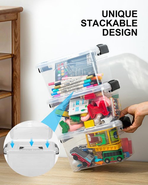 EOENVIVS Plastic Storage Bins - Stackable 7 Quart Organizer with Black Buckle Lids | 6 Pack Clear Bins for Home & Office