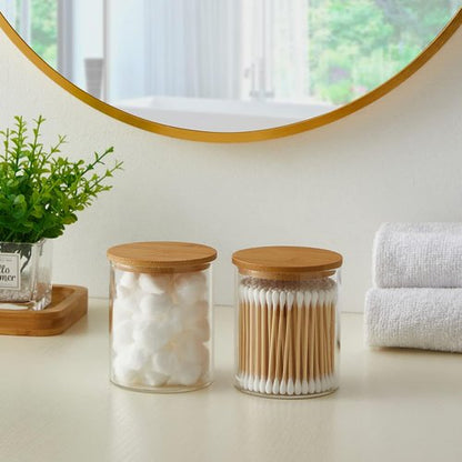 INIUNIK Glass Qtip Holder Dispenser - 2 Pack Bamboo Lid Apothecary Jars for Cotton Swabs & Pads Storage