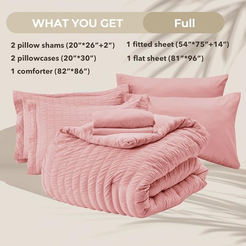 HYMOKEGE Comforter Set - Luxury Rose Pink 7-Piece Bedding Set for All Seasons | Full Size with Sheets & Pillowcases