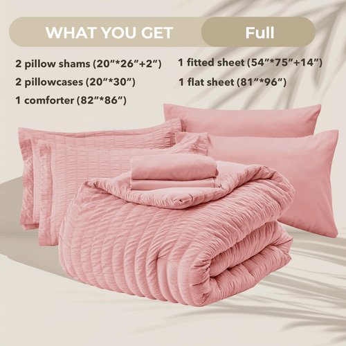 HYMOKEGE Rose Pink Full Size Comforter Sets Seersucker 7 Pieces, All Season Luxury Bed in a Bag for Bedroom, Bedding Set with Comforter, Sheets, Pillowcases & Shams