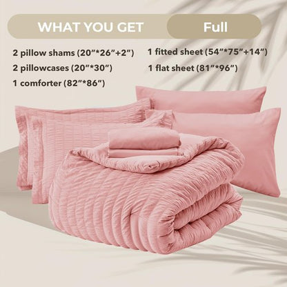 HYMOKEGE Rose Pink Full Size Comforter Sets Seersucker 7 Pieces, All Season Luxury Bed in a Bag for Bedroom, Bedding Set with Comforter, Sheets, Pillowcases & Shams