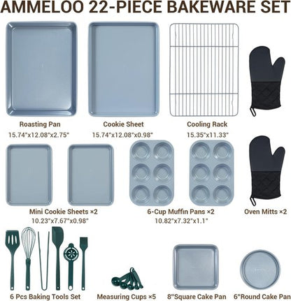 Ammeloo 22-Piece Non-Stick Baking Pans Set - Stackable Bakeware with Oven Mitt & Utensils | Gray & Hunter Green