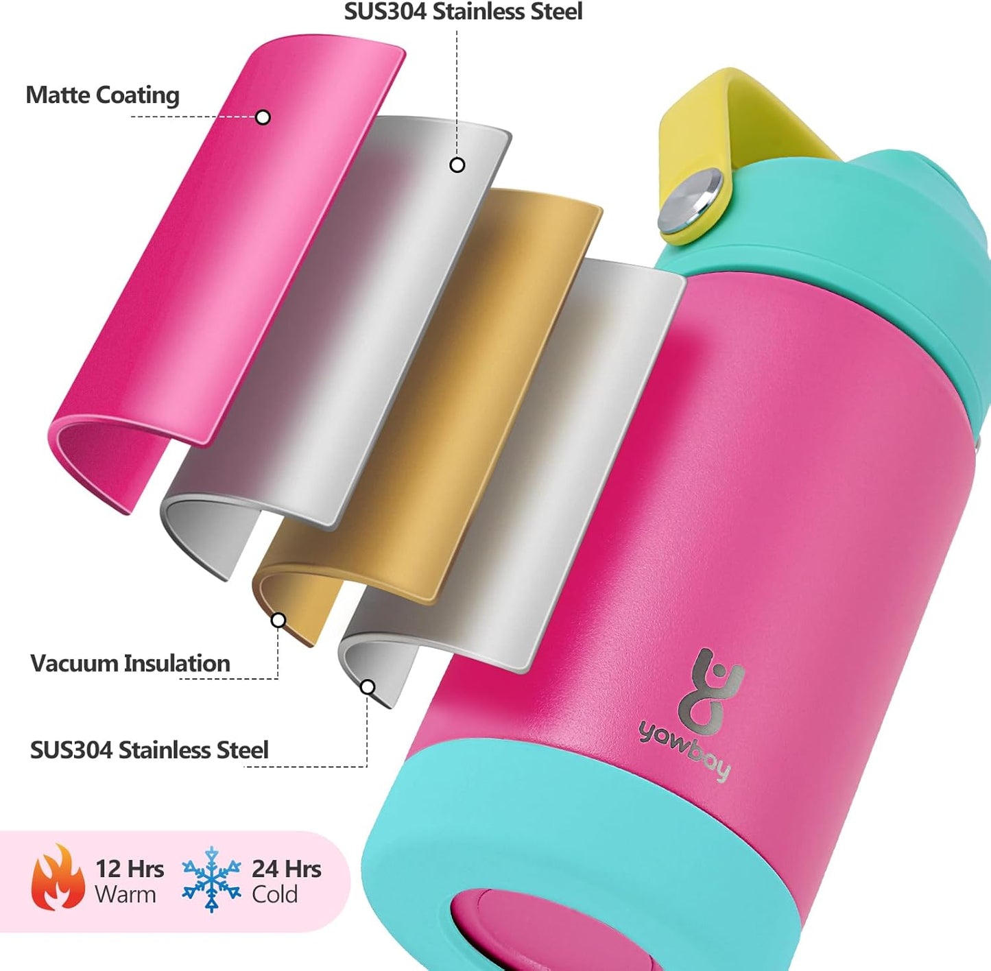 Skiennix Kids Insulated Water Bottle - 12oz Leak-Proof Straw Lid & Silicone Handle | Rose Pink